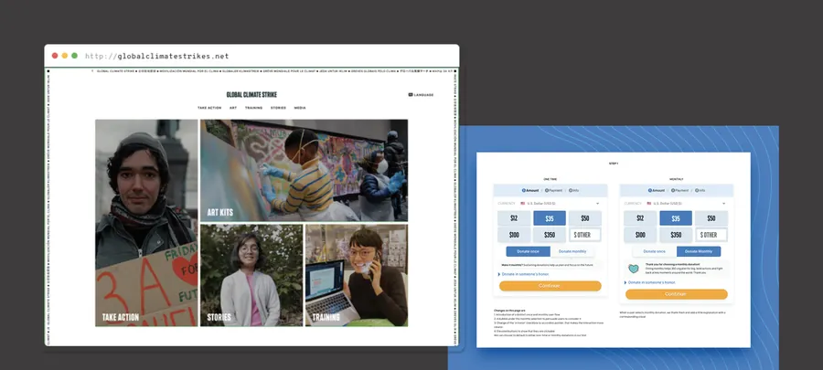 The Global Climate Strike site at globalclimatestrikes.net, with a photo grid linking to Take action, Art kits, Stories and Training, beside the one-time and monthly versions of the donation form.
