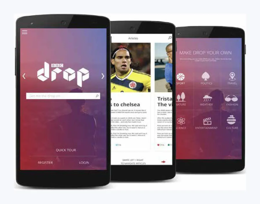 Drop on three Android phones: the logo with a “Get me the drop on” search, a quick tour and register or log in; swipeable article cards; and Make Drop your own.