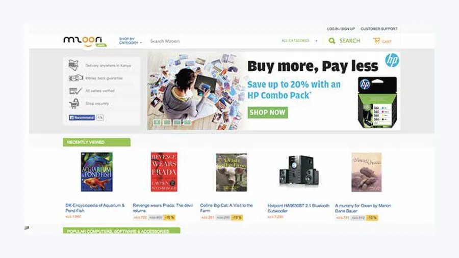 Mzoori 1.0: a general online store with an HP printer ink banner reading “Buy more, Pay less”, and recently viewed books and a subwoofer.