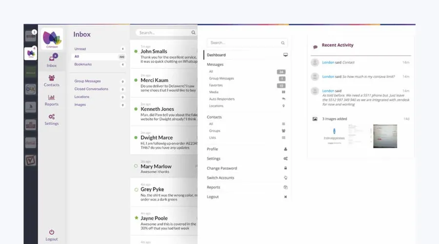 Ongair 2.0’s inbox on the left, with conversations from John Smalls, Merci Kaum and others, and the 1.0 dashboard on the right, with a long menu and a recent activity feed.