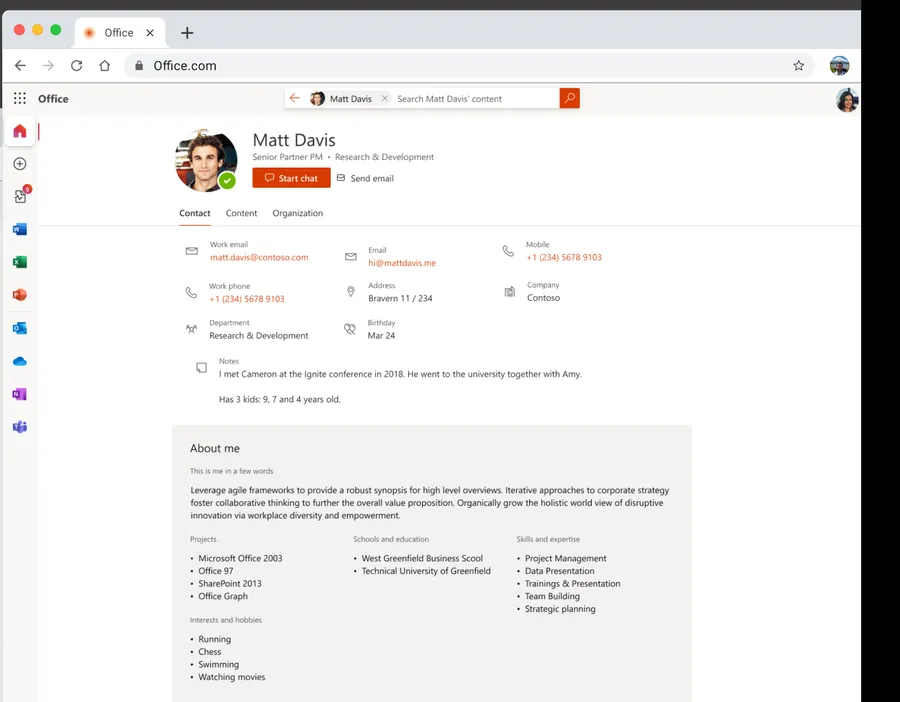 Matt Davis’ profile on Office.com: Senior Partner PM in Research & Development, with Start chat and Send email, Contact, Content and Organization tabs, contact details, notes, and an About me section listing projects, schools, skills and interests.