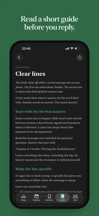 App Store screenshot: “Read a short guide before you reply.” At 23:40, the Boundaries guide “Clear lines” opens: “The kettle clicks off while a second message sits on your phone…”