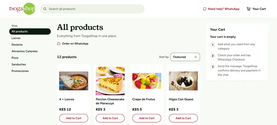 A generated storefront on desktop: “All products” with categories Locros, Desierta, Alimentos Calientes, Pizza, Sanduches and Promociones, products including Locros, Porcion Cheesecake de Maracuya, Crepe de Frutus and Higos Con Queso, and an empty cart that explains the three steps.