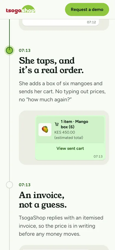 Section 4 on a phone at 07:13: “She taps, and it’s a real order.” A cart with a box of six mangoes for KES 450.00, then “An invoice, not a guess.”