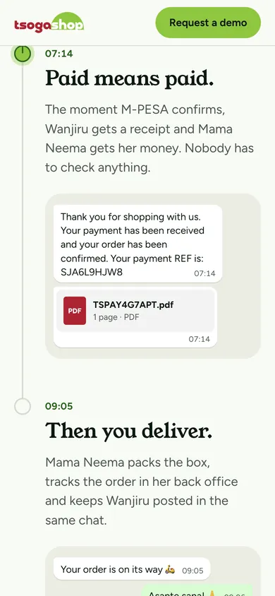 Section 4 at 07:14: “Paid means paid.” An M-PESA receipt with reference SJA6L9HJW8 and the invoice TSPAY4G7APT.pdf, then at 09:05, “Then you deliver.”